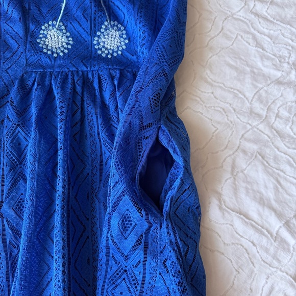 Tulle Blue Mini V-Neck Dandelion Sleeveless Dress with Pockets Lace Material - Picture 9 of 13